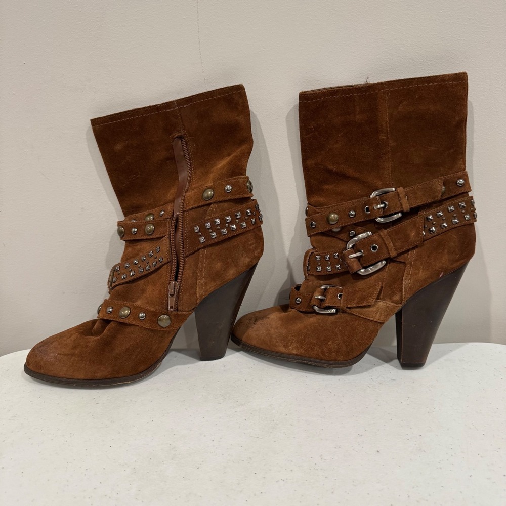 Steve Madden Brown Suede Studded Buckle Moto Ankle Boots Pointed Toe Cone Heel